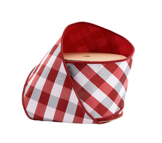 4" Wired Ribbon | Red/White Bias Check w/ Red Dupioni-fused Backing | 10 Yard Roll