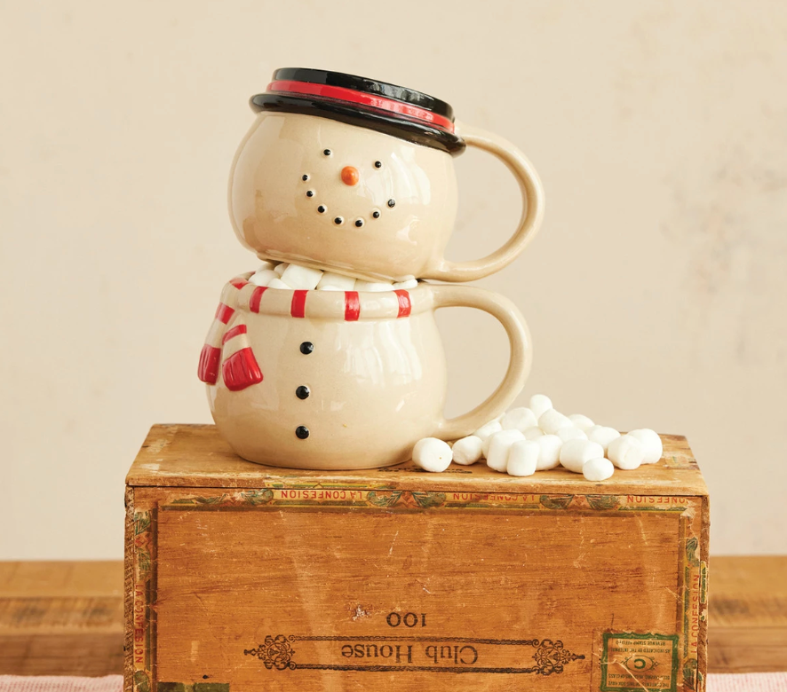 Hand-Painted Stoneware Stackable Snowman Mugs - Thumbnail 3