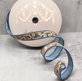 1" Dusty Blue Velvet Gold Glitter Scroll Trim