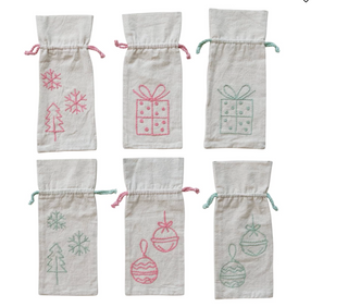 Drawstring Wine Bag with Embroidered Holiday Icon