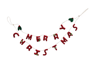 Handmade Wool Felt Garland w/ Holly Leaves & Berries "Merry Christmas", Red & Green