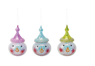 Glass Snowman Head Ornament with Iridescent Glitter