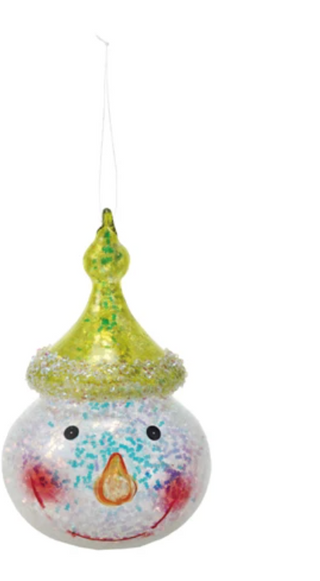 Glass Snowman Head Ornament with Iridescent Glitter
