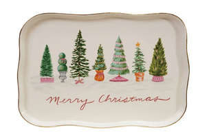 Stoneware Scalloped Platter with Trees & Gold Electroplating