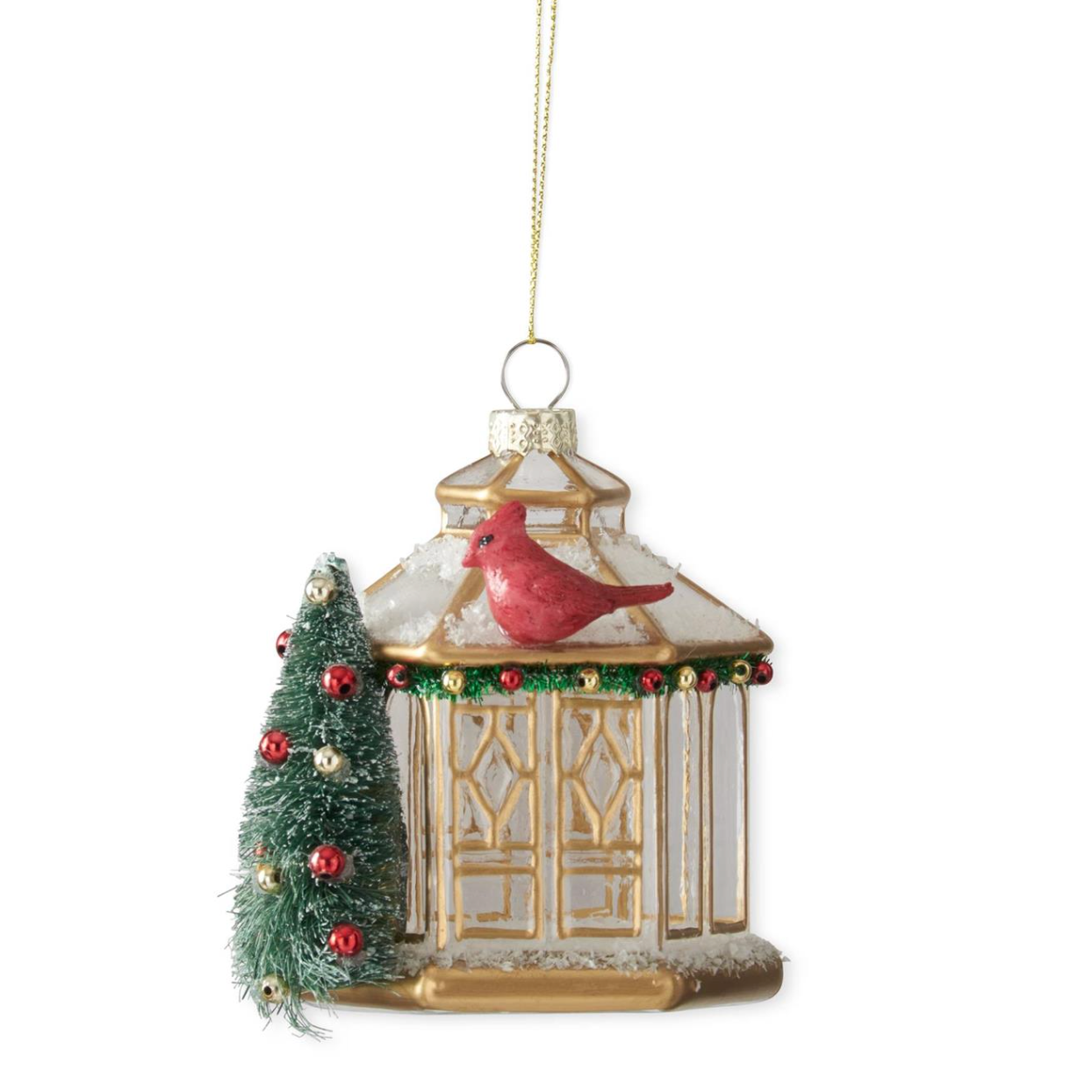 4 Inch Glass Gazebo w/Bottle Brush Tree & Bird Ornament