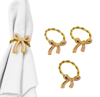Set of 4 Bow Napkin Rings in Gift Box - Nickel/Gold Enamel