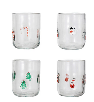 Festive Drinking Glass w/ Embedded Holiday Icon Pattern