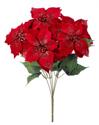 18" Premium Glitter Poinsettia Bush, Red