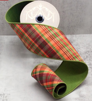 4" Dupion Diagonal Auburn Plaid, Orange Burgundy Green