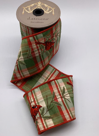 4" Dupion Plaid Embroidery Cardinal On Branch