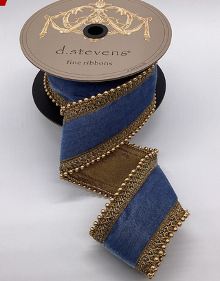 2.5" Velvet Antique Gold Bead Trim, Dusty Blue