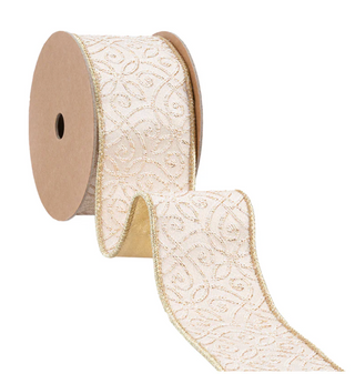2 1/2" Wired Jacquard Ribbon | Ivory/Gold 10 Yard Roll