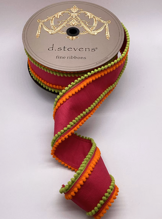 3" Hot Pink Dupion With Orange And Lime Pom Pom Trim