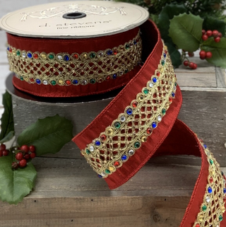 2.5" Faux Red Metallic Dupion With Multicolored Jeweled Trim