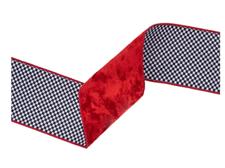 4" Wired Velvet Ribbon | Red with Black/White Check Backing | 10 Yard Roll