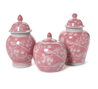 Hand-Painted Pink Chinoiserie Covered Jars