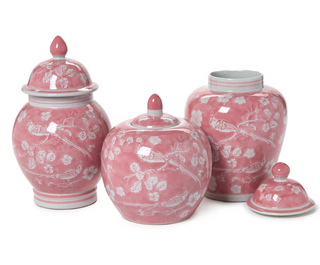 Hand-Painted Pink Chinoiserie Covered Jars