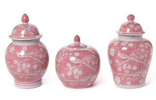 Hand-Painted Pink Chinoiserie Covered Jars
