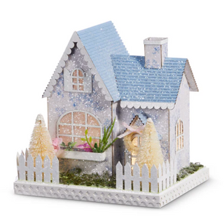 7.75" Lighted White With Blue Floral House
