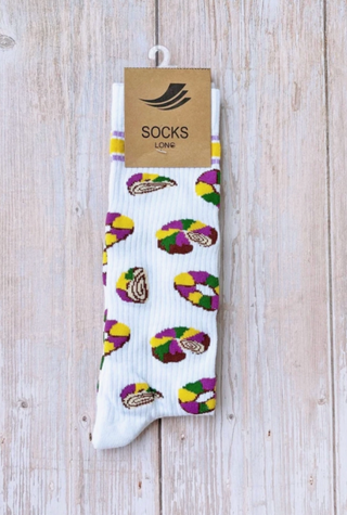 White Let Them Eat King Cake Ribbed Socks