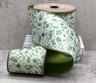 4" x 10yds dupion forest green floral pattern with rabbit, white