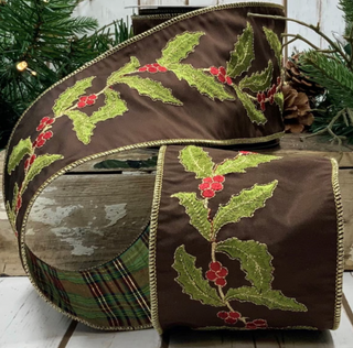 4" Holly Embroidery Wired Ribbon