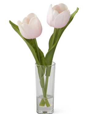 8.5 Inch Pink Real Touch Double Tulip Premade in Glass Vase