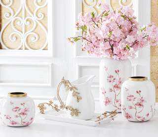 White & Pink Cherry Blossom Enameled Vases