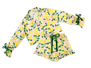 Long Sleeve Cropped Ruffled Top + Short PJ Set with Velvet Ties - Pink Stripes + Lemons