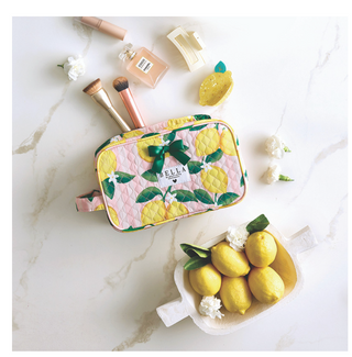 Quilted Cosmetic Bag - Pink Stripes + Lemons