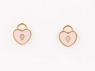 Enamel Pink Heart Lock Earrings (Girl)