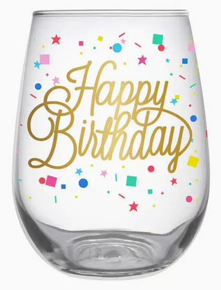 Stemless Wine Glass - Happy Birthday Confetti