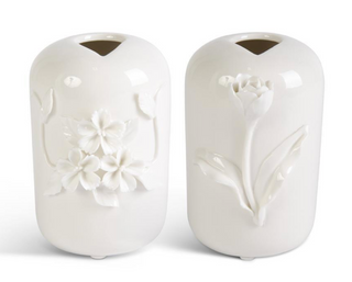 Tall White Ceramic Vase With Raised Flowers