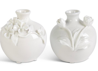 Short White Ceramic Vase With Raised Flowers