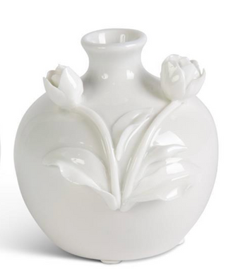 Short White Ceramic Vase With Raised Flowers