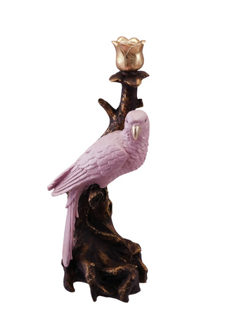 Resin Taper Holder with Parrot on Branch, Antique Gold Finish & Pink