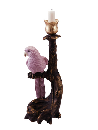 Resin Taper Holder with Parrot on Branch, Antique Gold Finish & Pink