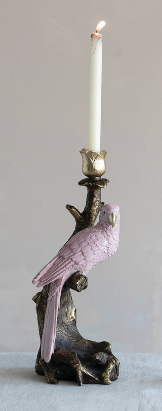 Resin Taper Holder with Parrot on Branch, Antique Gold Finish & Pink