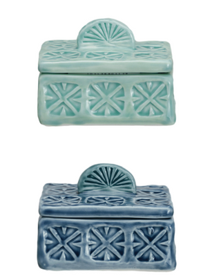 Hand-Painted Debossed Stoneware Salt Cellar w/ Lid