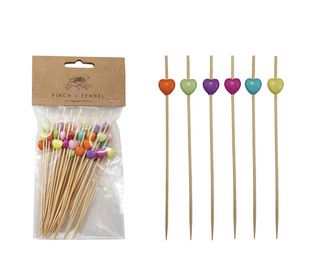 Bamboo Single Use Picks w/ Heart Shaped Handles