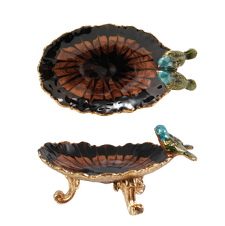 Enameled Metal Footed Jewelry Dish w/ 3D Birds