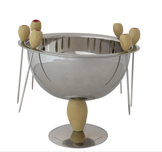 Enameled Stainless Steel Footed Bowl with Olive Shaped Appetizer Picks on Rim