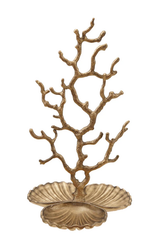 Antique Brass Finish Metal Coral Shaped Jewelry Holder with Shell Shaped Base