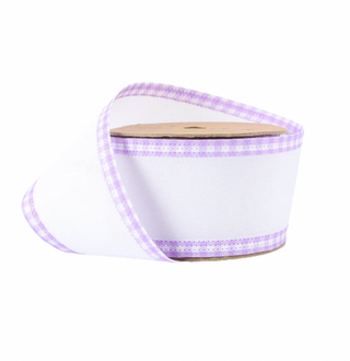 2 1/2" Wired Ribbon | White w/ Purple Gingham Edging | 10 Yard Roll