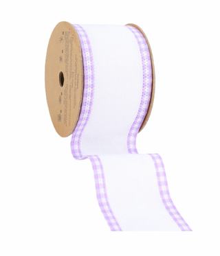 2 1/2" Wired Ribbon | White w/ Purple Gingham Edging | 10 Yard Roll