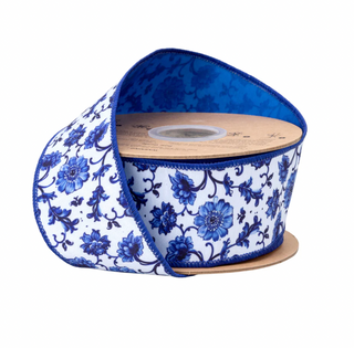 2 1/2" Wired Dupioni Ribbon | Blue and China Floral w/ Blue Backing | 10 Yard Roll