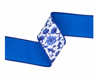 2 1/2" Wired Dupioni Ribbon | Blue and China Floral w/ Blue Backing | 10 Yard Roll
