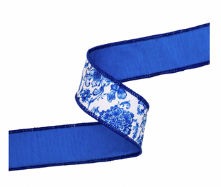 1 1/2" Wired Dupioni Ribbon | Blue and White Floral w/ Blue Backing | 10 Yard Roll