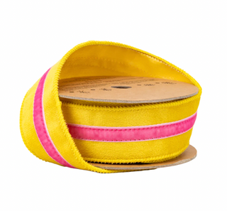 Wired Velvet Ribbon w/ Trim | Yellow w/ Pink Trim | 10 Yard Roll
