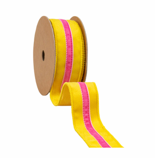 Wired Velvet Ribbon w/ Trim | Yellow w/ Pink Trim | 10 Yard Roll